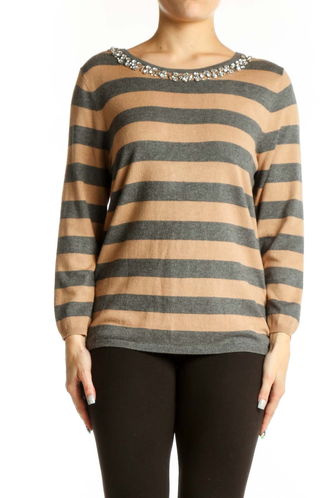 Beige Striped Embellished Neckline Sweater Front