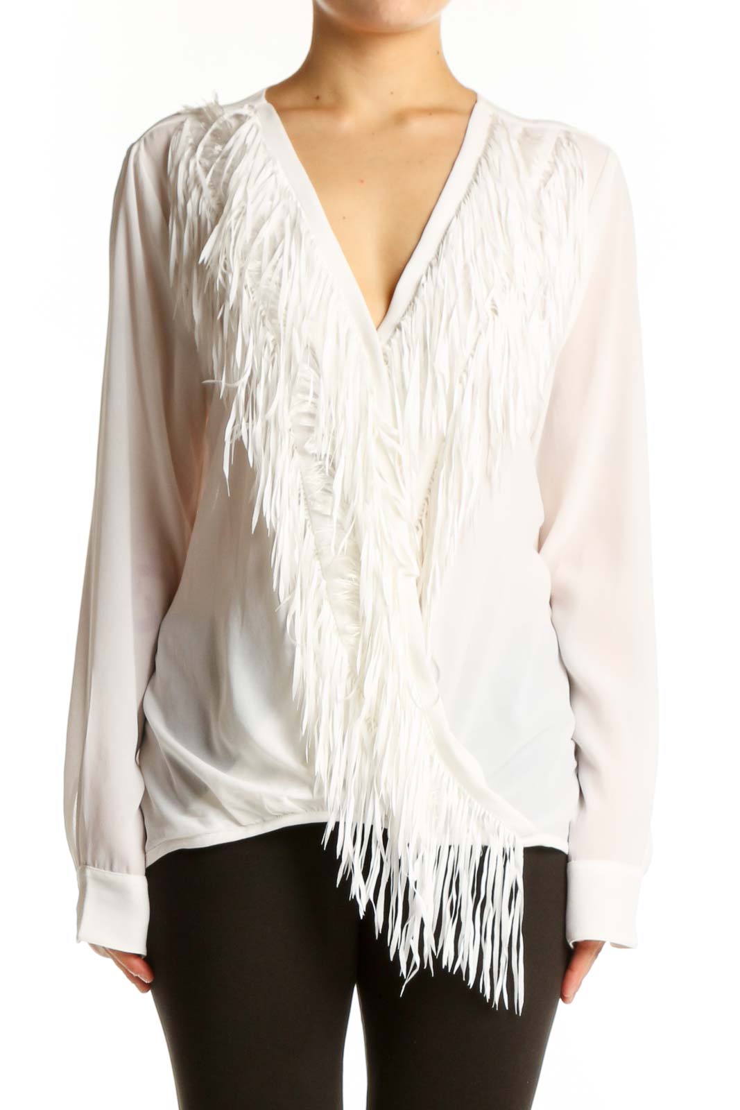 Cream Fringe V-Neck Wrap Blouse Front