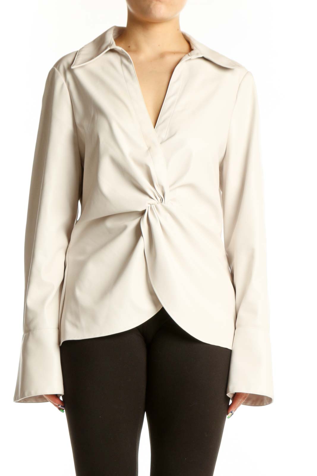 Cream Faux-Leather Twist Front Blouse Front