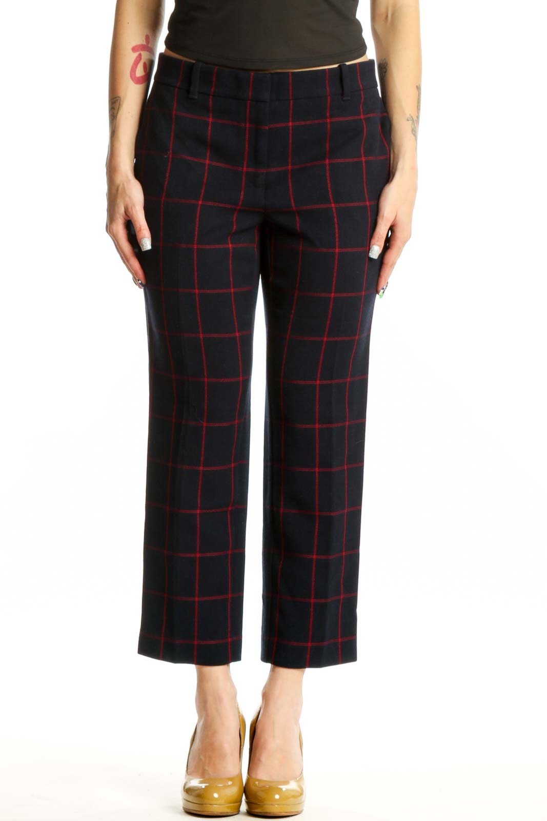 Navy Plaid Cropped Dress Pants Front