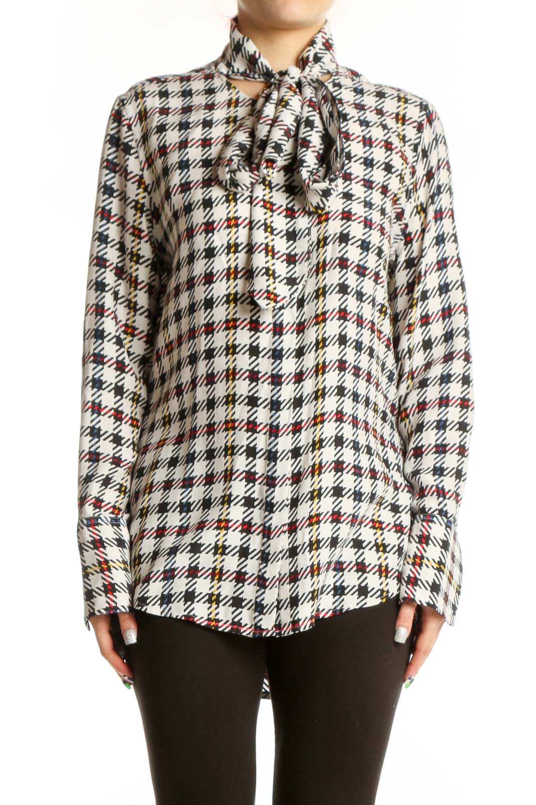 Multicolor Houndstooth Silk Button-Up Blouse Front