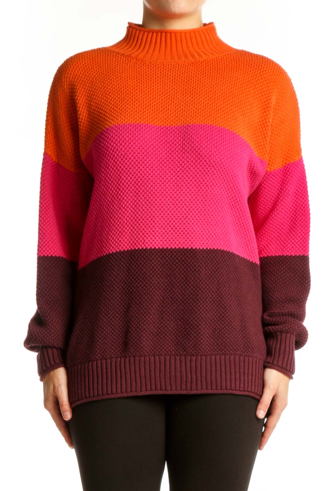 Orange Colorblock Knit Pullover Sweater Front