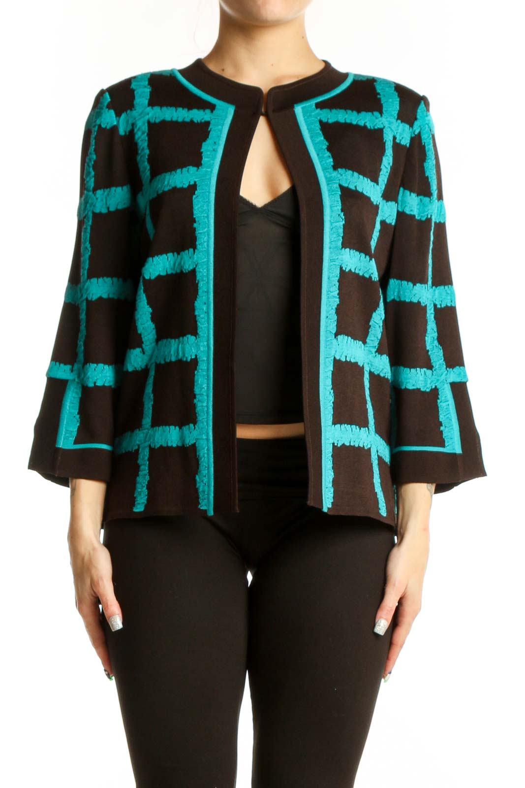 Turquoise Geometric Grid Jacket Front