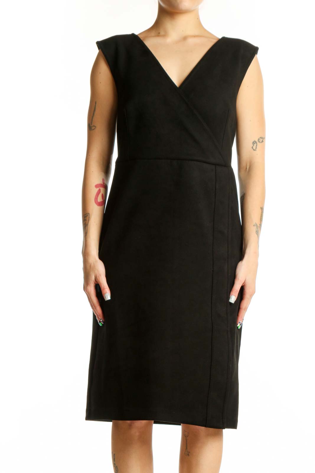 Black Wrap V-Neck Petite Dress Front