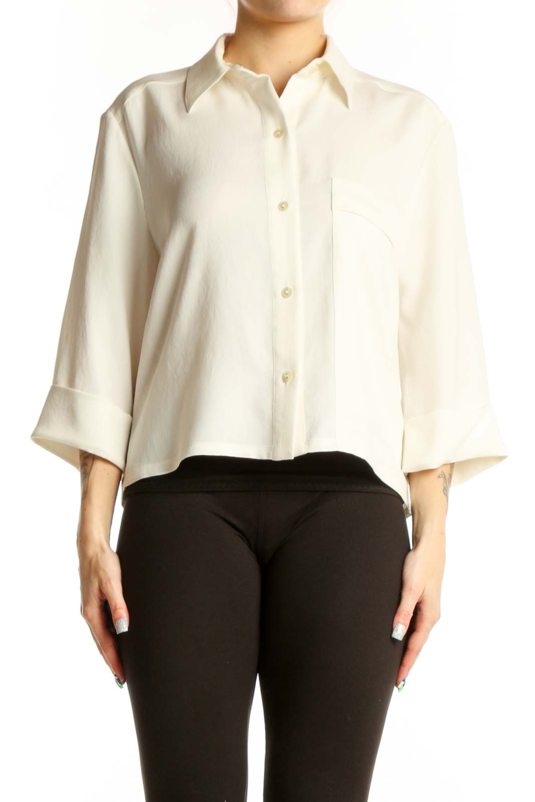 Cream Button-Up Collared Blouse Front