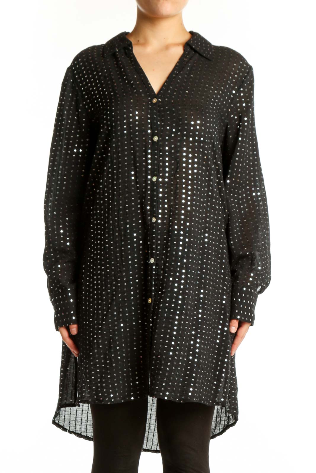 Black Sequin Button-Up Shirt Dress Front
