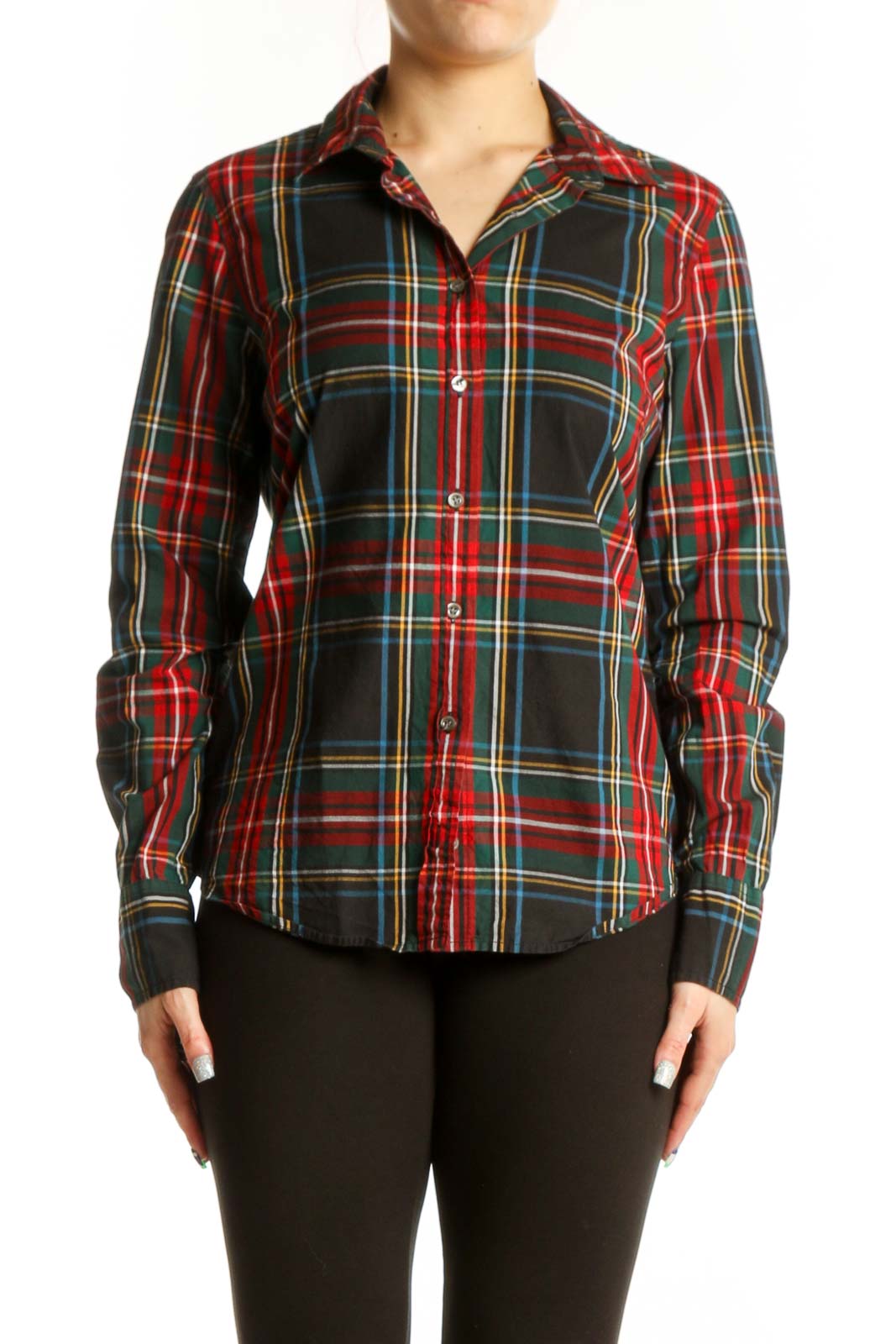 Red Plaid Cotton Button-Up Shirt Front