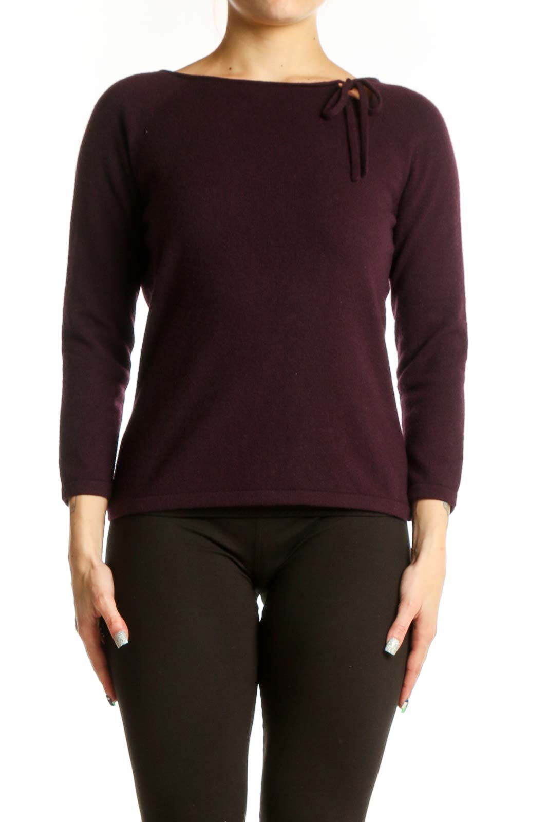 Burgundy Long Sleeve Knit Top with Tie Detail Front