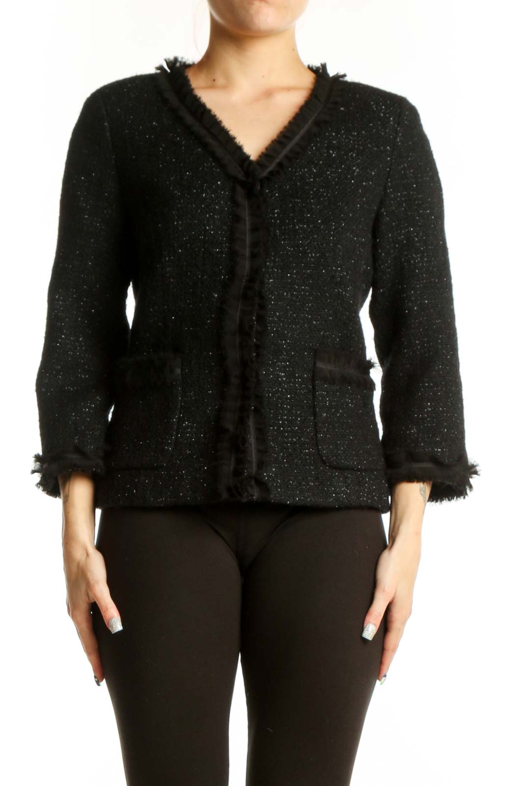Black Sparkle Wool Blend Jacket Front