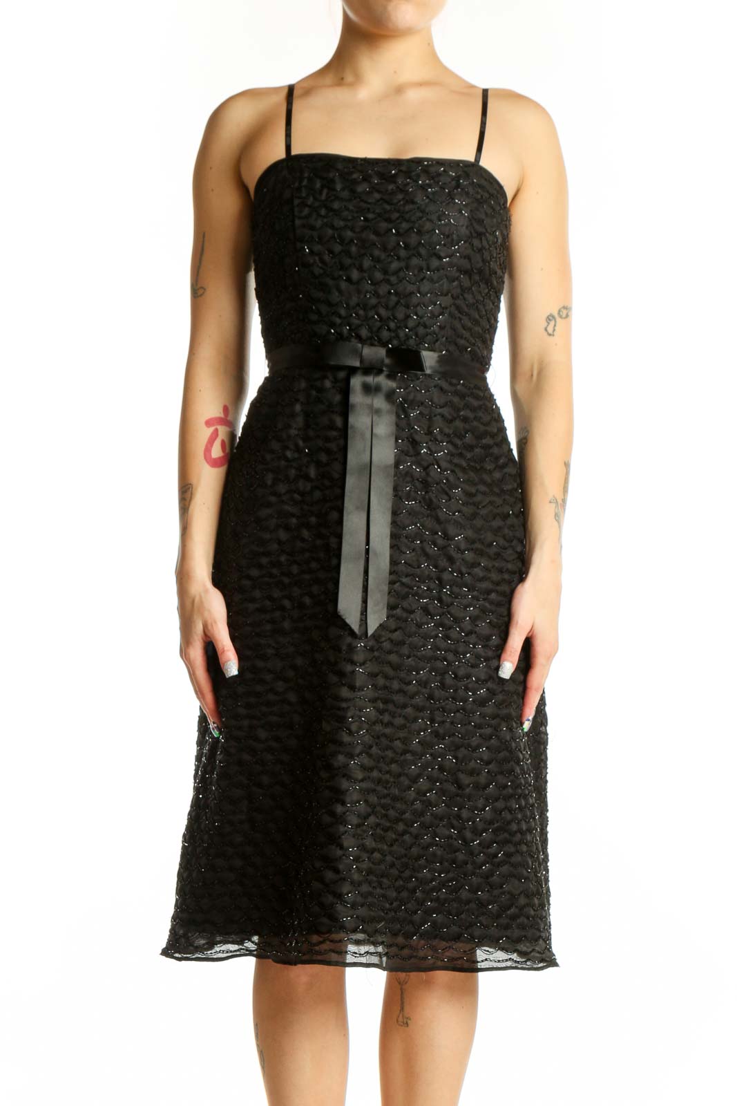 Black Sequin Cocktail Dress with Silk Blend Front