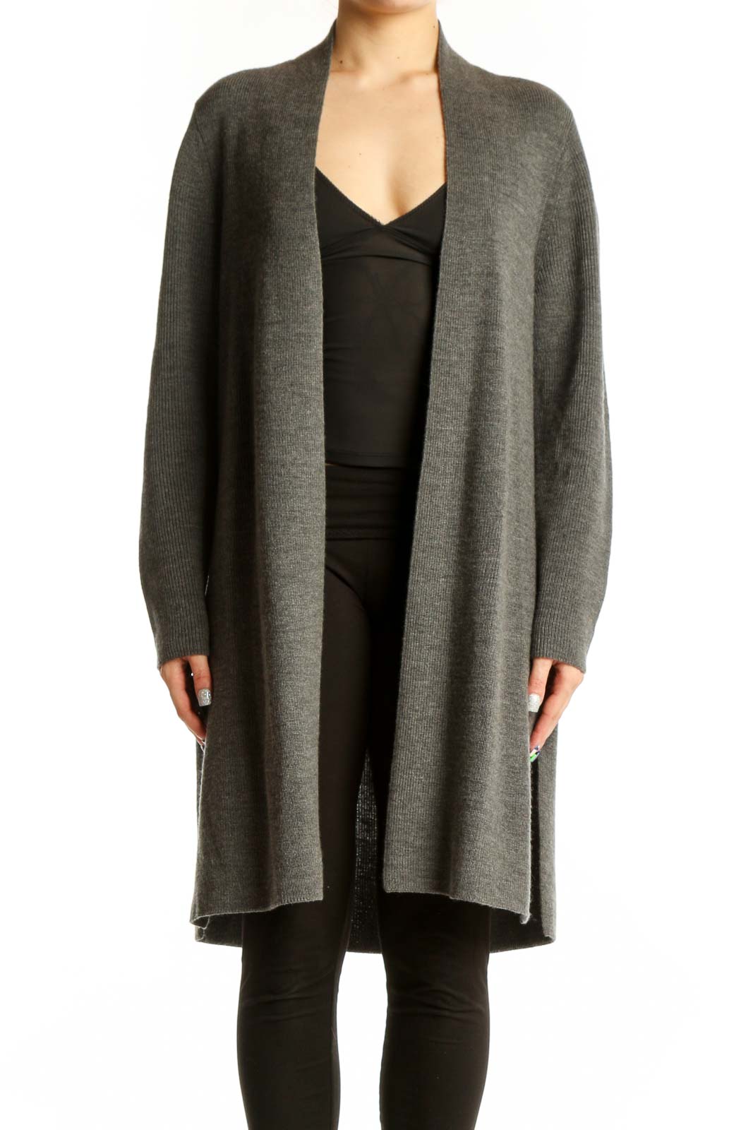 Gray Merino Wool Open Cardigan Front