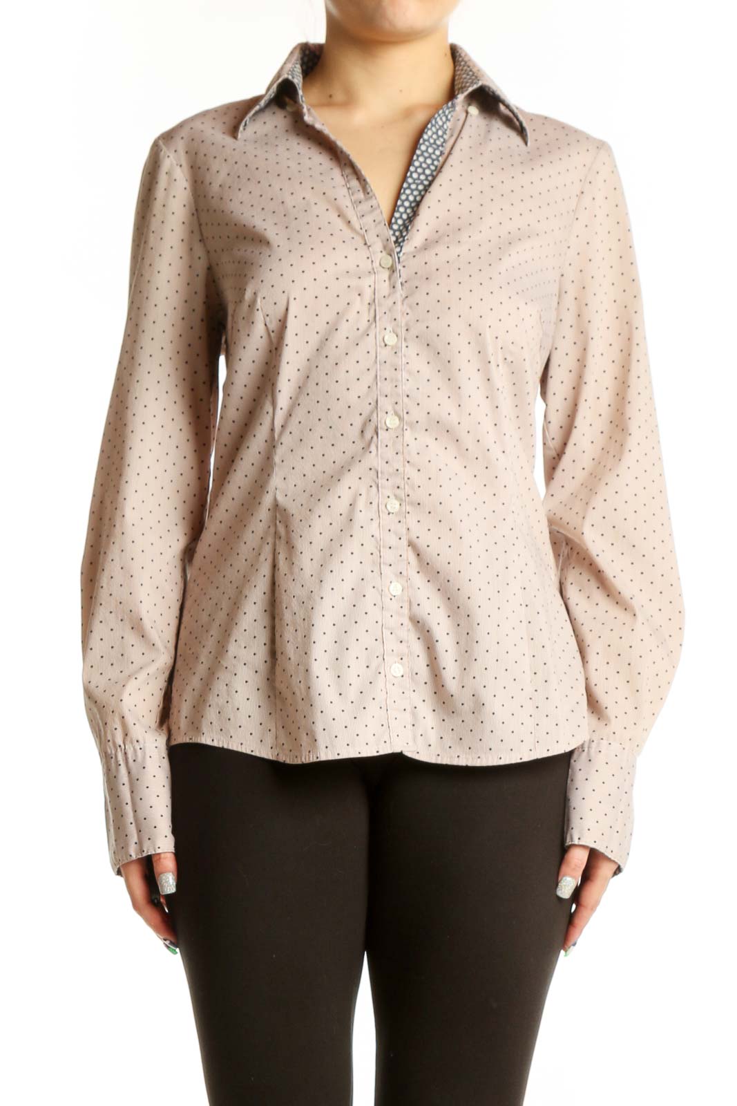 Beige Polka Dot Button-Up Blouse Front