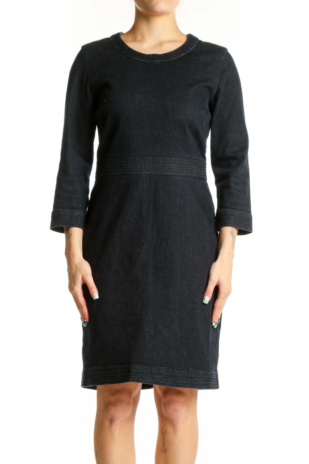 Black Denim Sheath Dress with Three-Quarter Sleeves Front