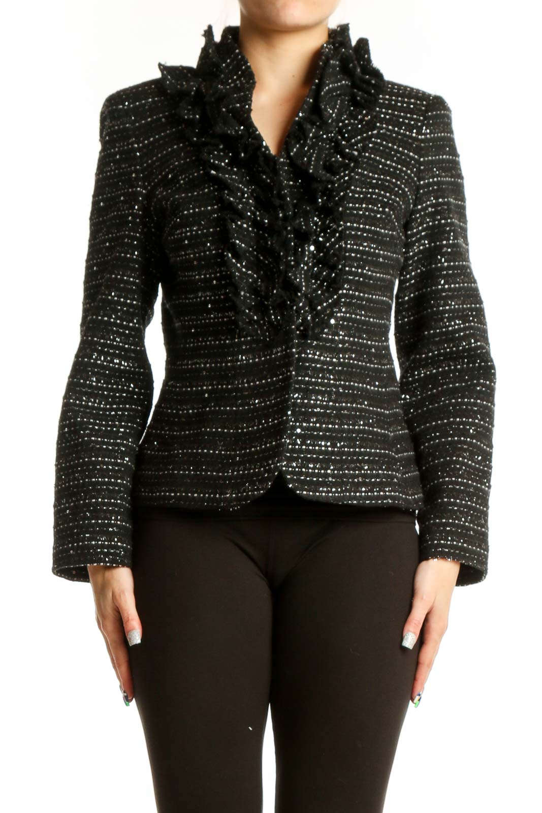 Black Studded Blazer Jacket with Ruffle Collar Front
