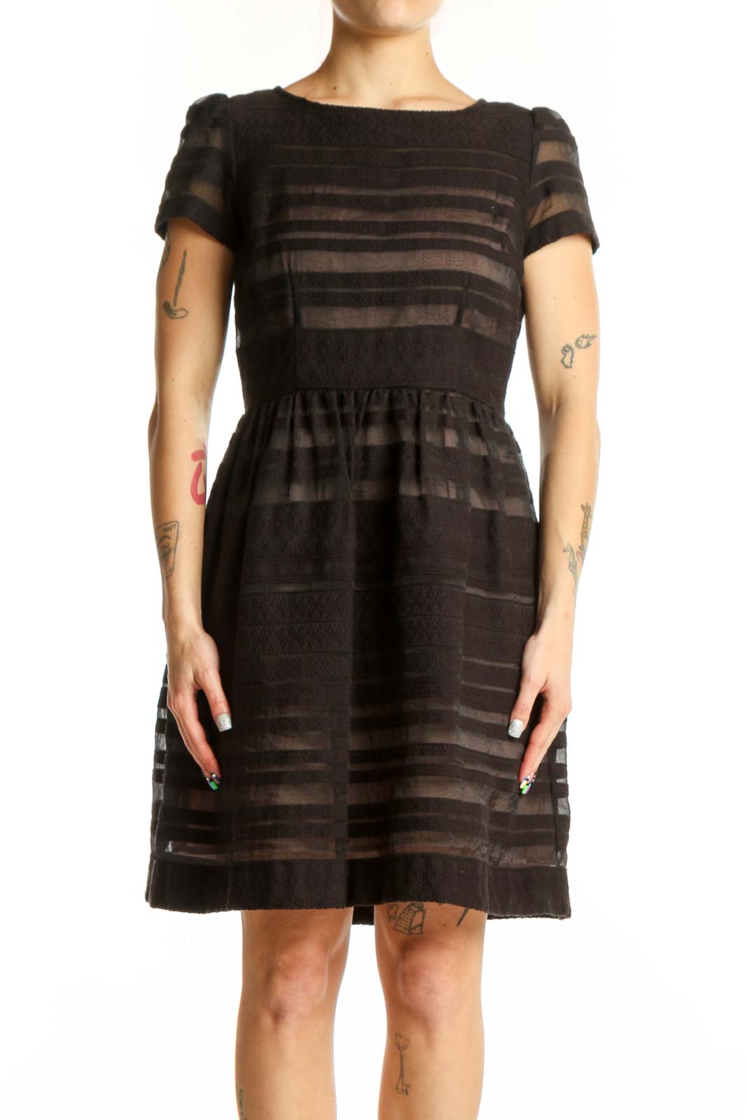 Black Striped Short Sleeve Fit and Flare Dress Front