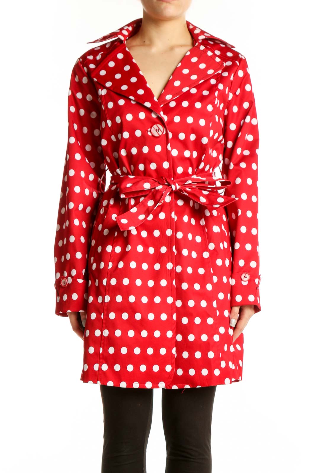 Red Polka Dot Wrap Coat Front