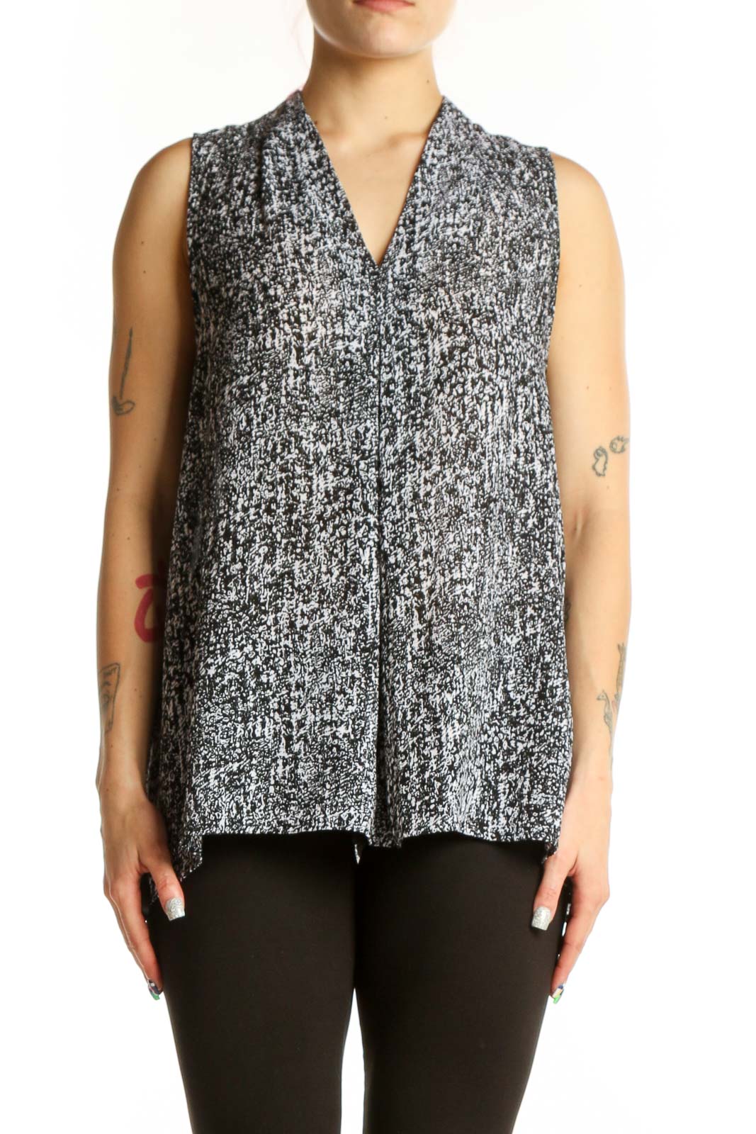 Gray Speckled Sleeveless Button-Front Blouse Front
