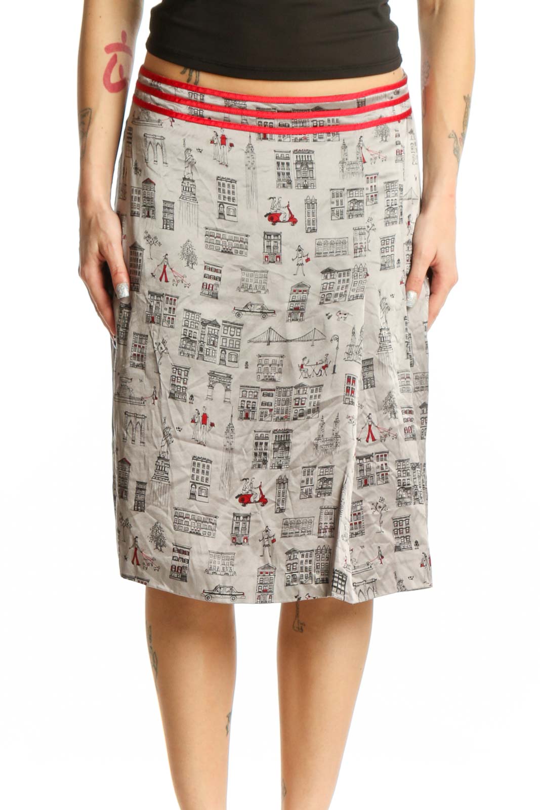 Cream Architectural Print Midi Skirt Front