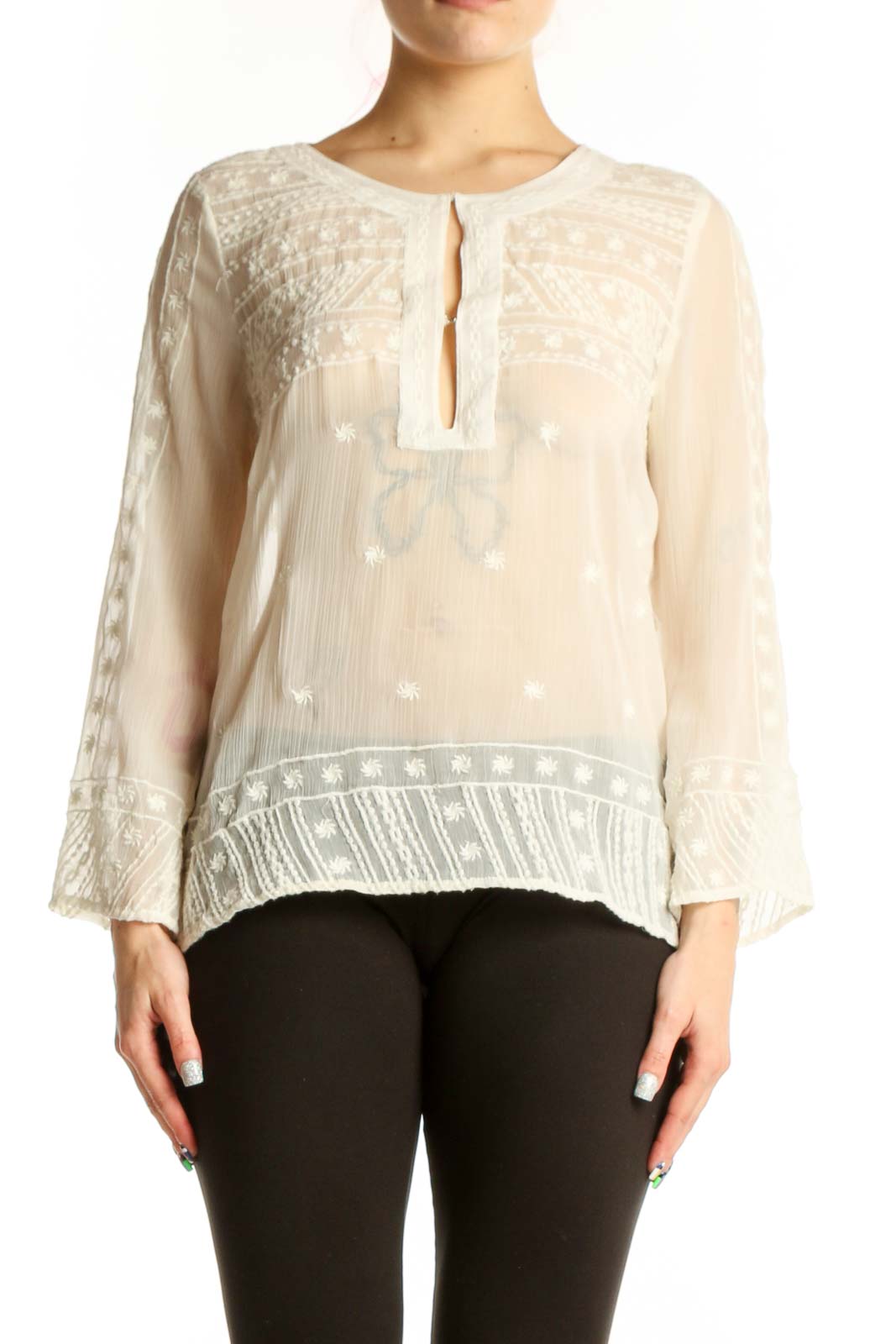 Cream Embroidered Long Sleeve Blouse Front