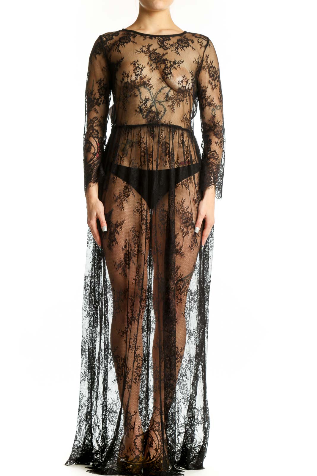 Black Lace Long Sleeve Maxi Dress Front