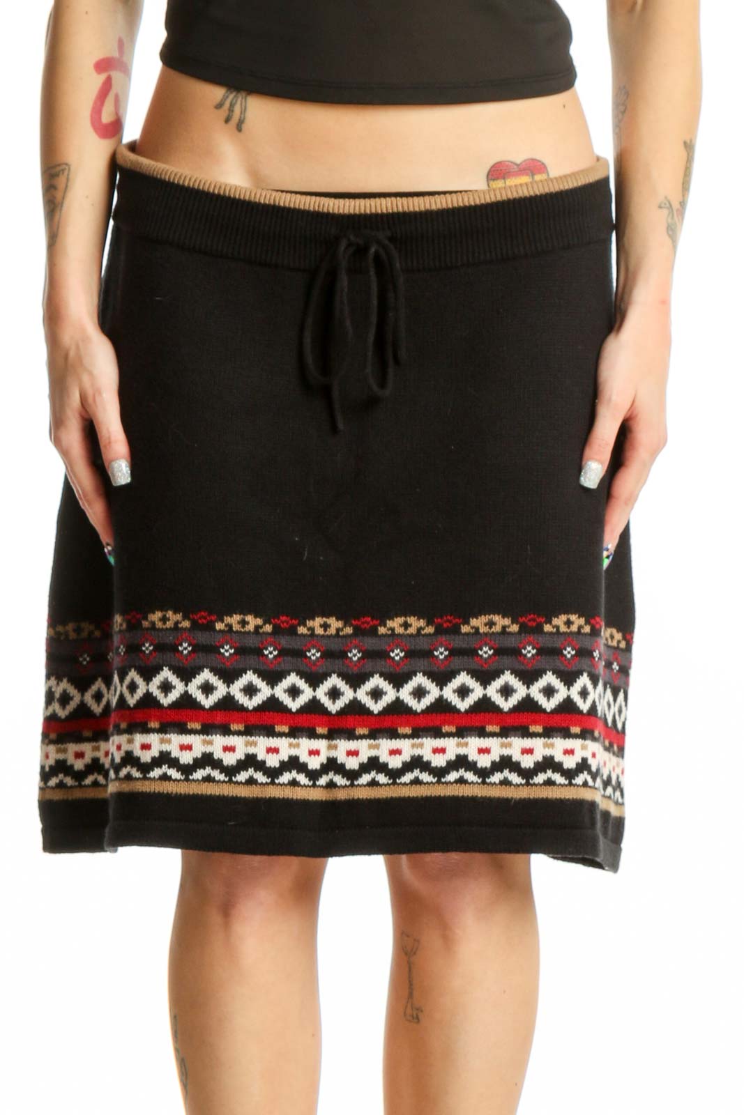 Black Knit Skirt with Geometric Pattern Front