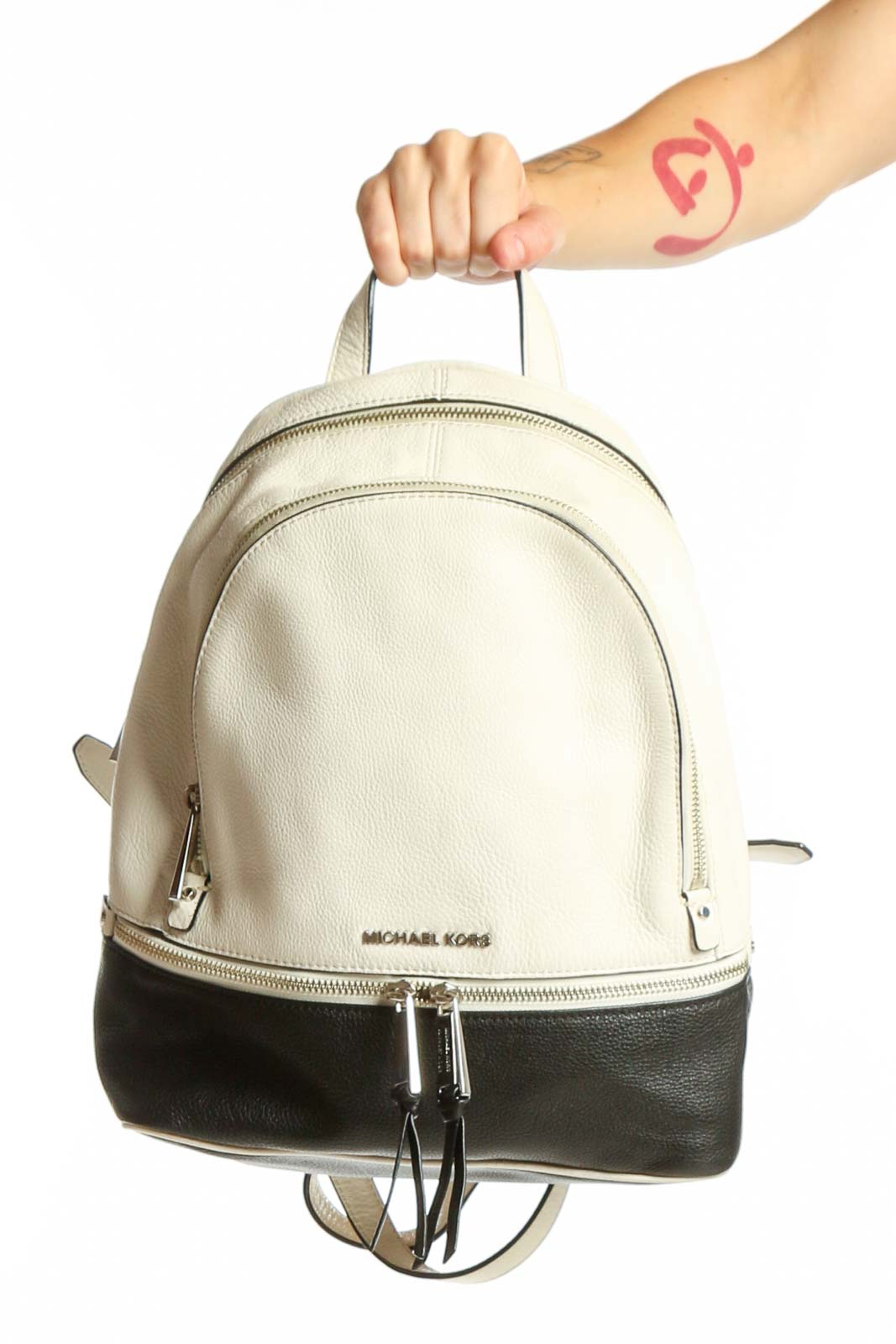 Cream and Black Leather Backpack Front