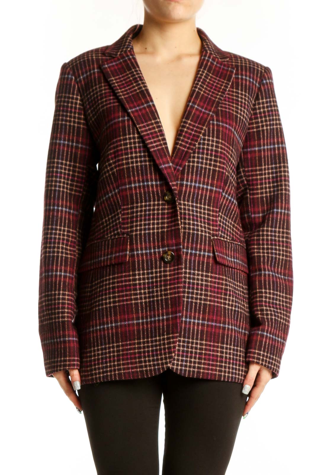 Burgundy Plaid Wool Blazer Jacket Front