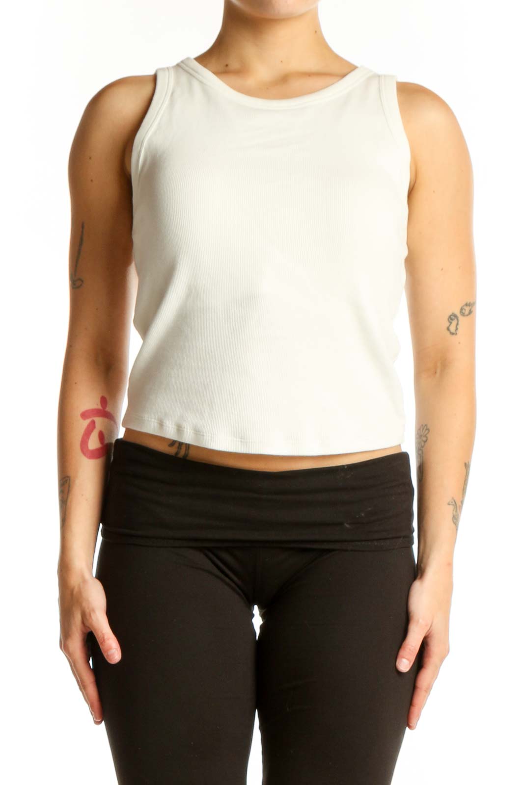 Cream Ribbed Sleeveless Tank Top Front