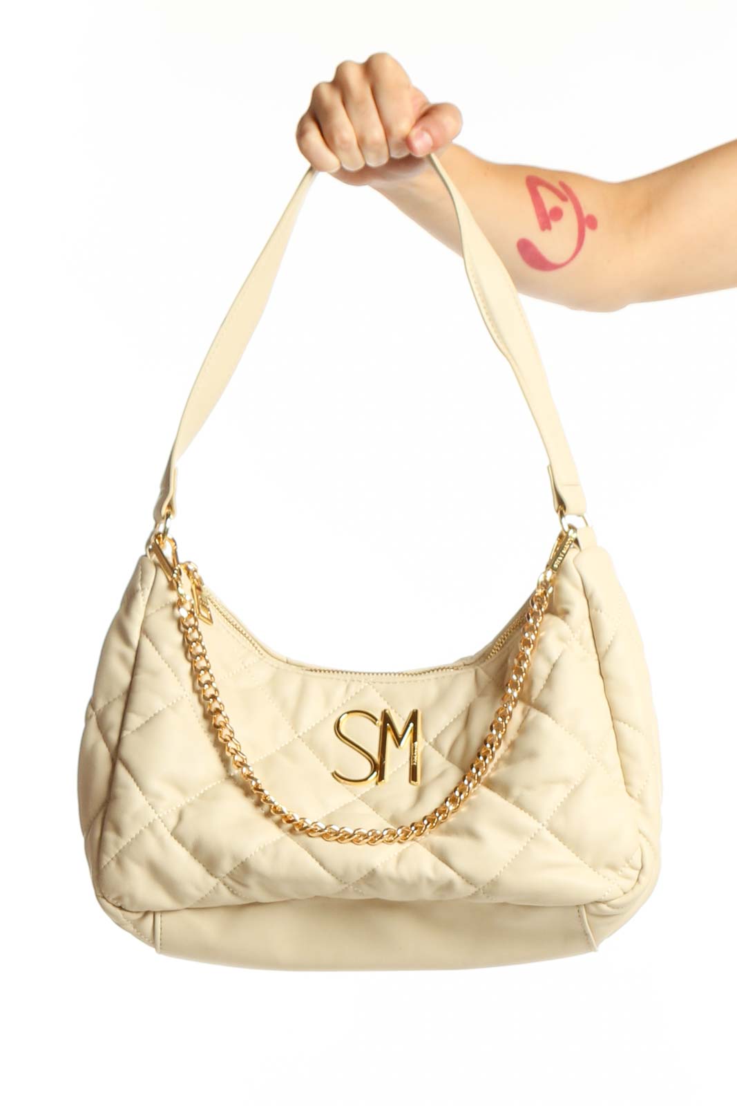 Cream Quilted Shoulder Bag with Gold Chain Front