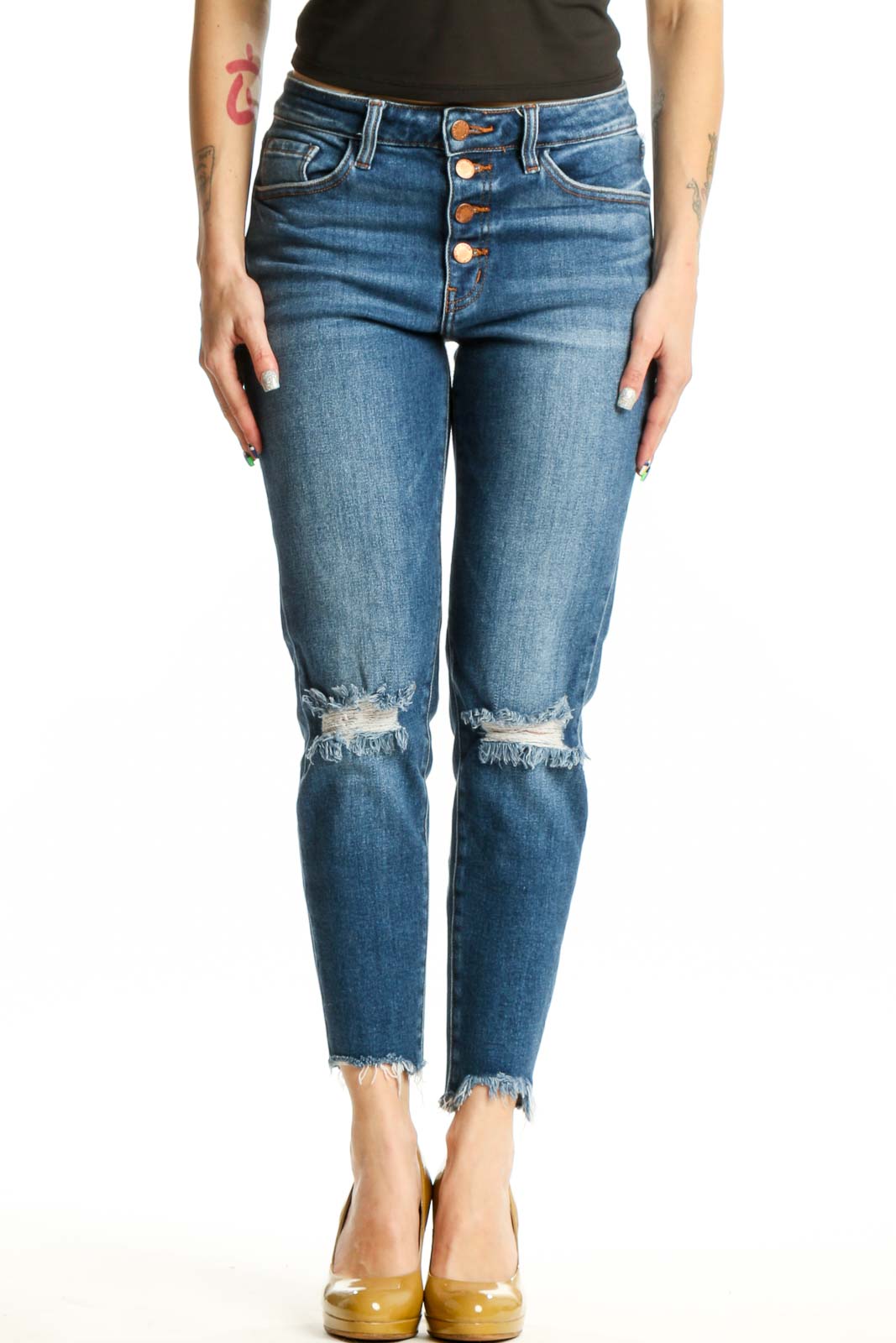 Blue Distressed Skinny Jeans with Ripped Knees Front