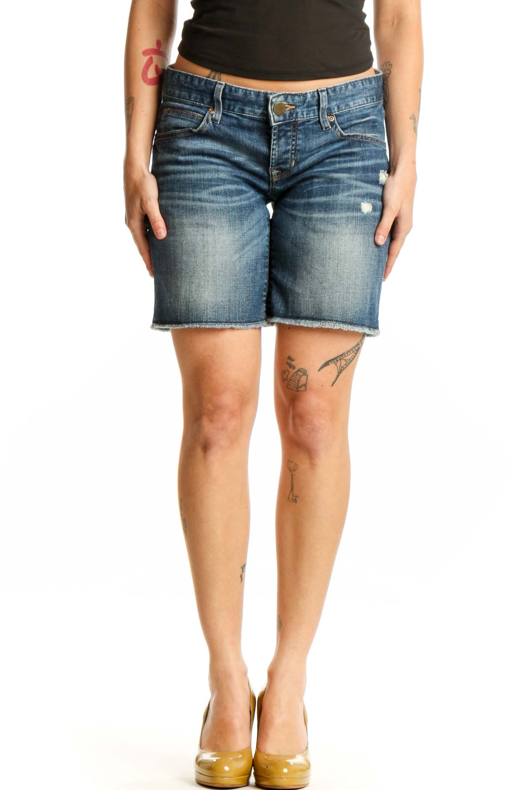 Blue Denim Distressed Shorts Front