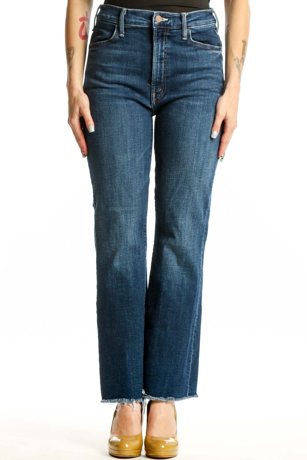 Blue Denim Cropped Flare Jeans Front