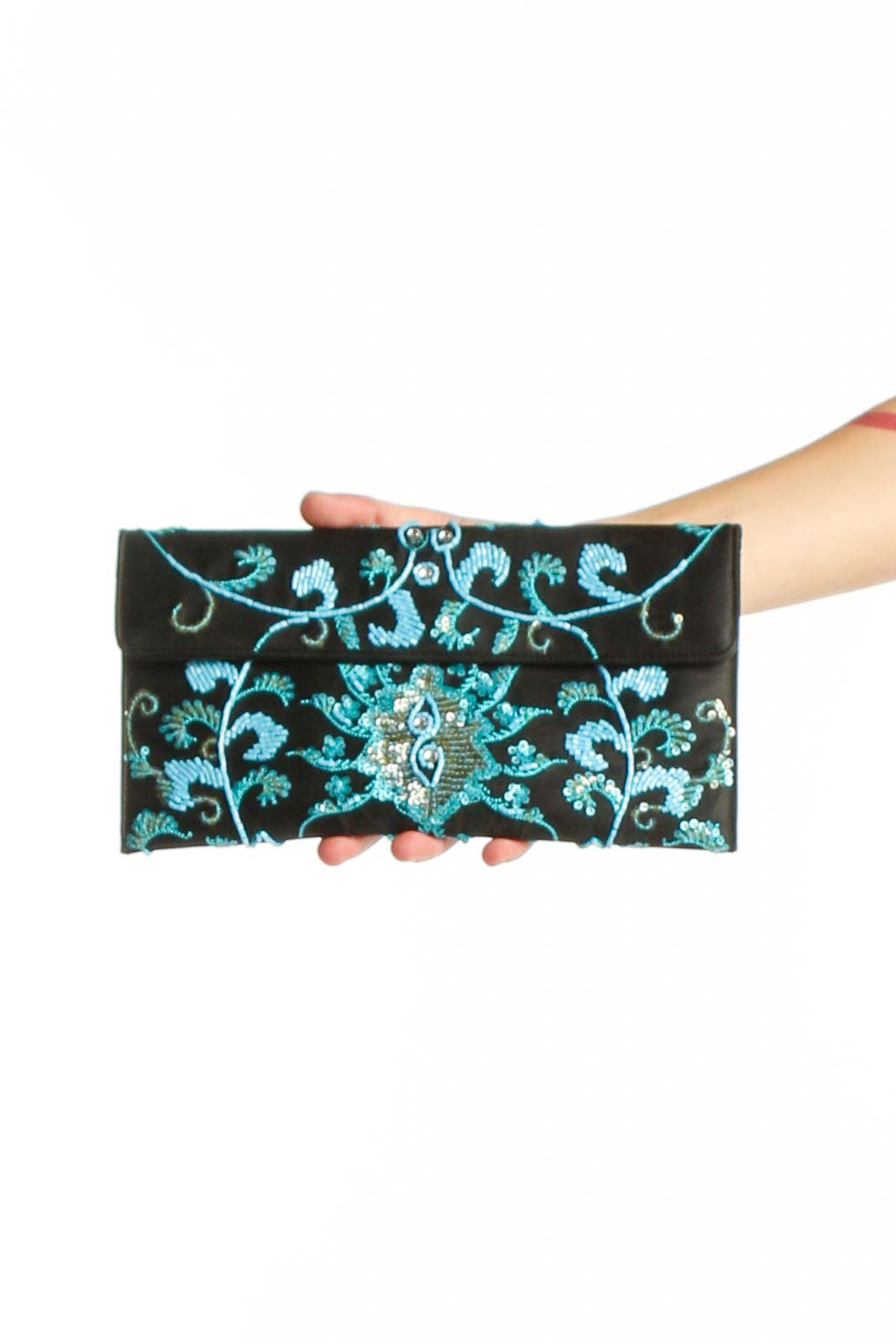 Black Turquoise Embroidered Crossbody Wallet Front