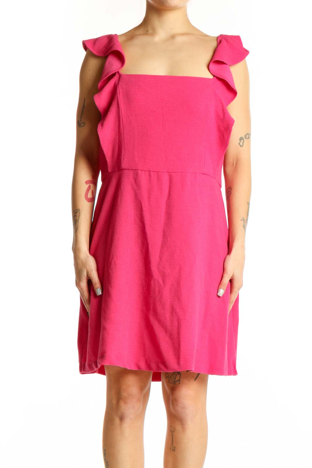Pink Ruffle Cap Sleeve A-Line Dress Front