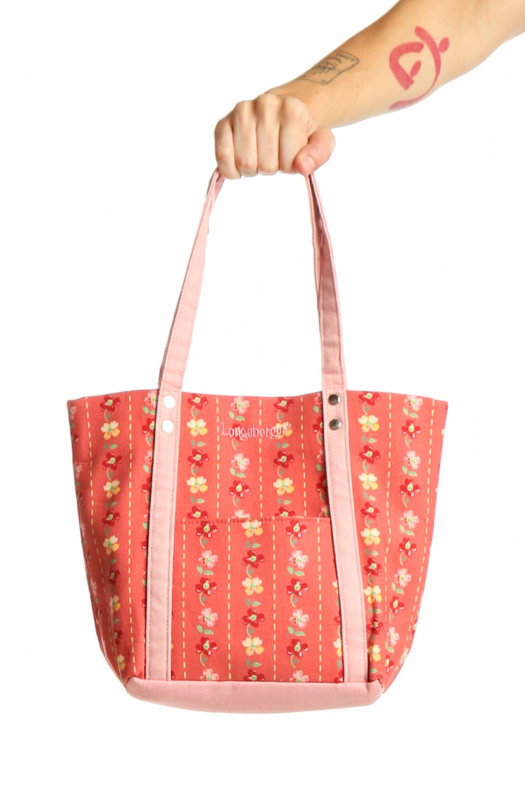 Red Floral Canvas Shoulder Tote Bag Front