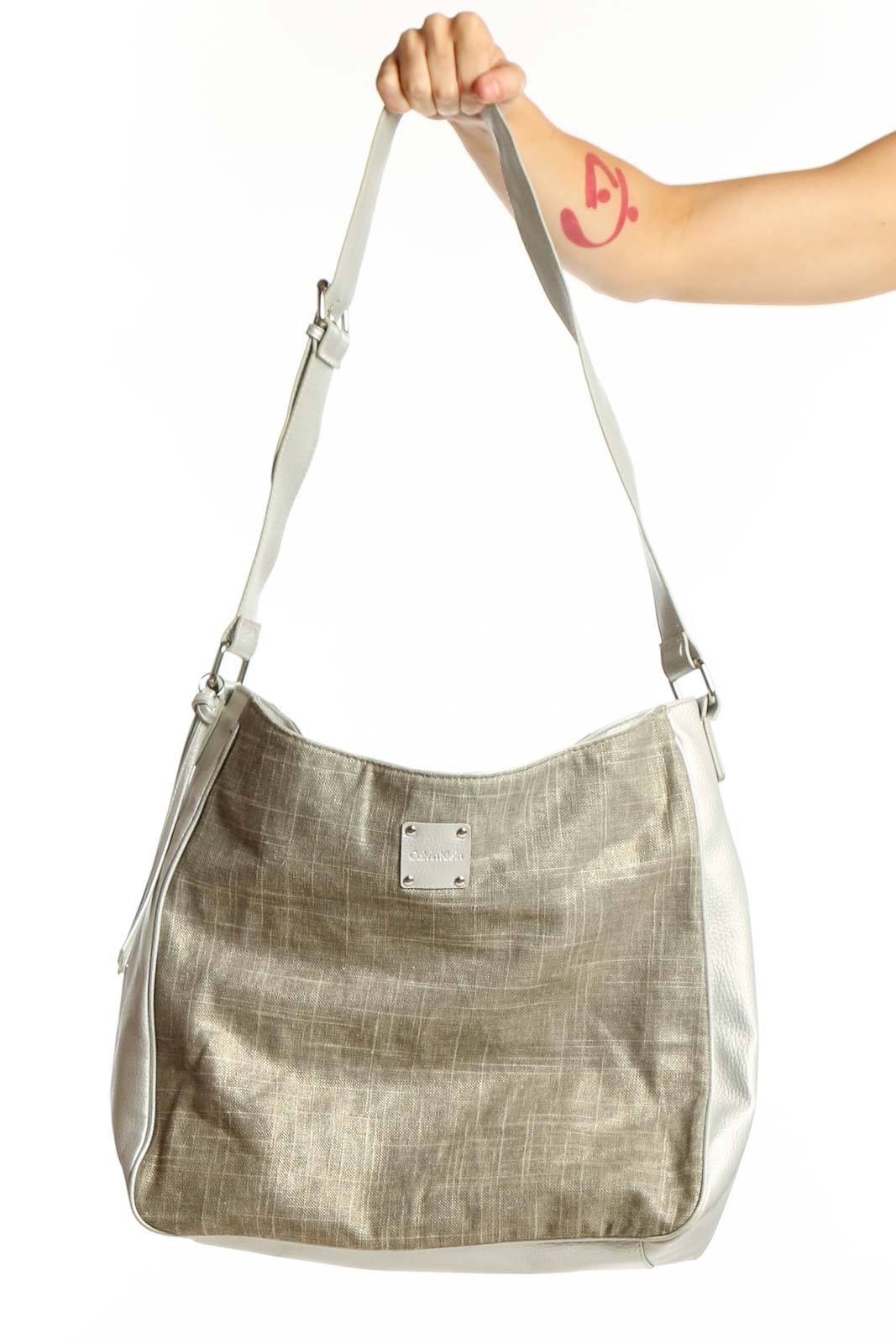 Beige Linen Tote Bag with White Handles Front