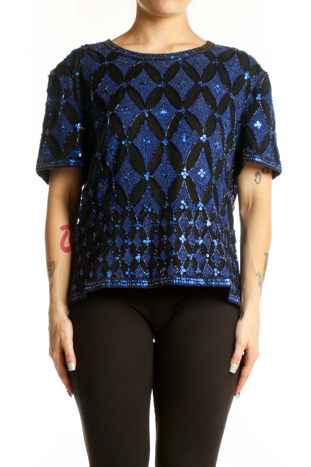 Navy Blue Sequin Beaded Short Sleeve Top Front