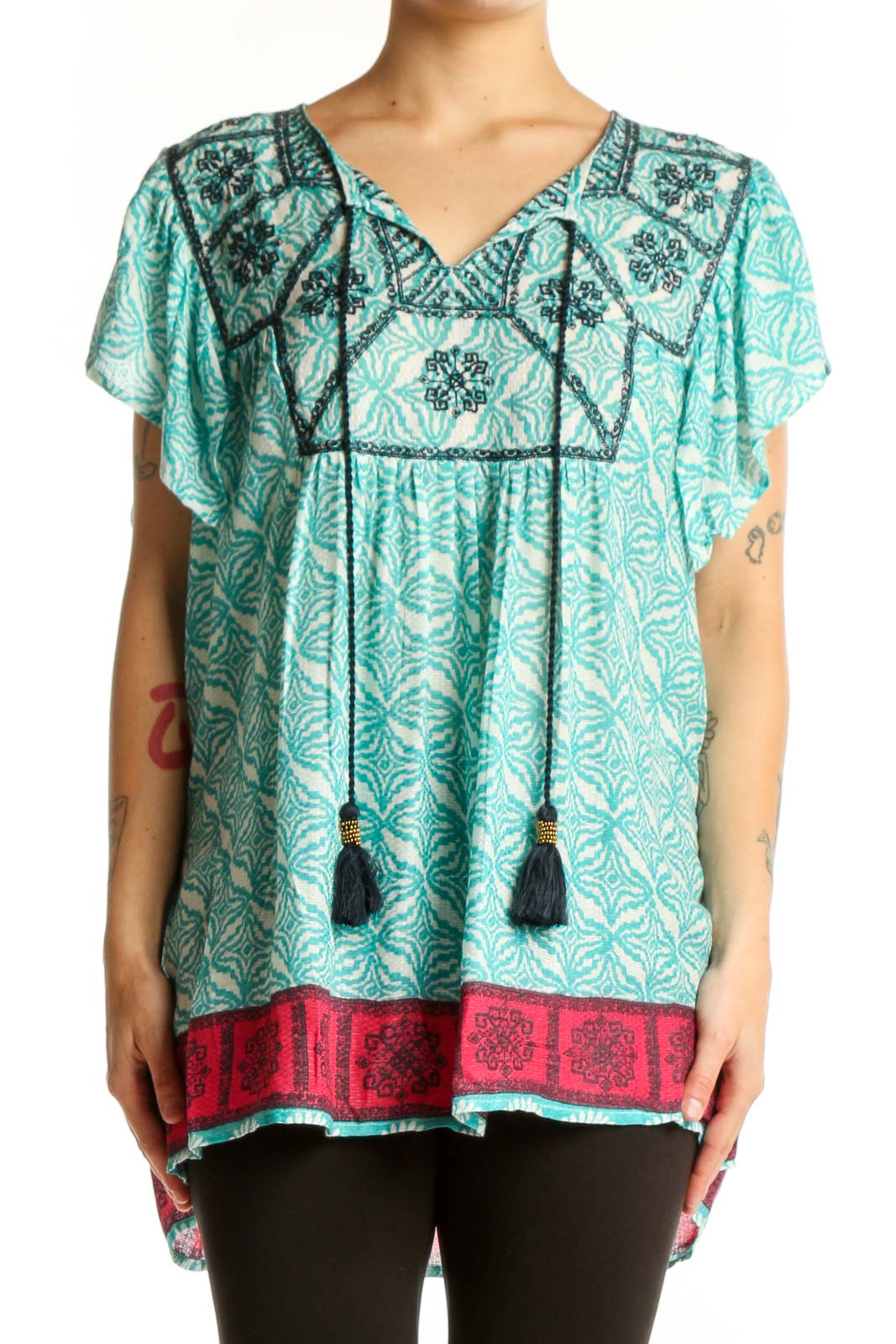 Turquoise Floral Print Tassel Tunic Top Front