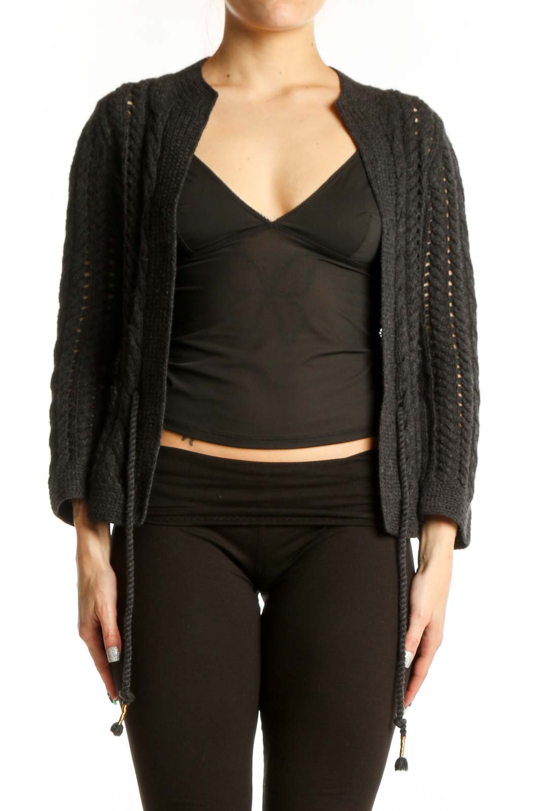 Charcoal Cable Knit Cardigan Sweater Front