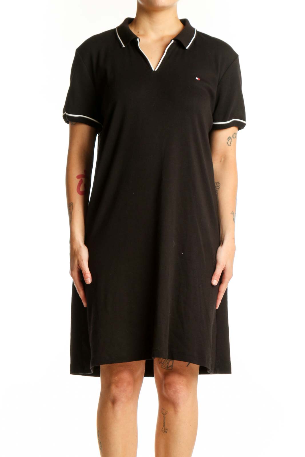 Black Cotton Polo Shirt Dress Front