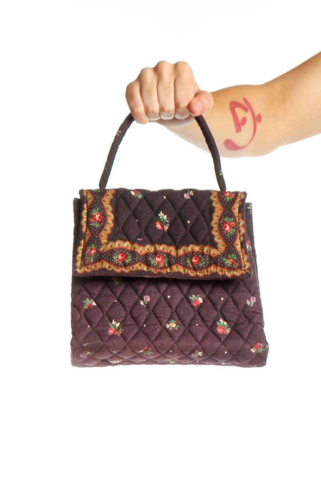 Brown Quilted Floral Satchel Bag Front