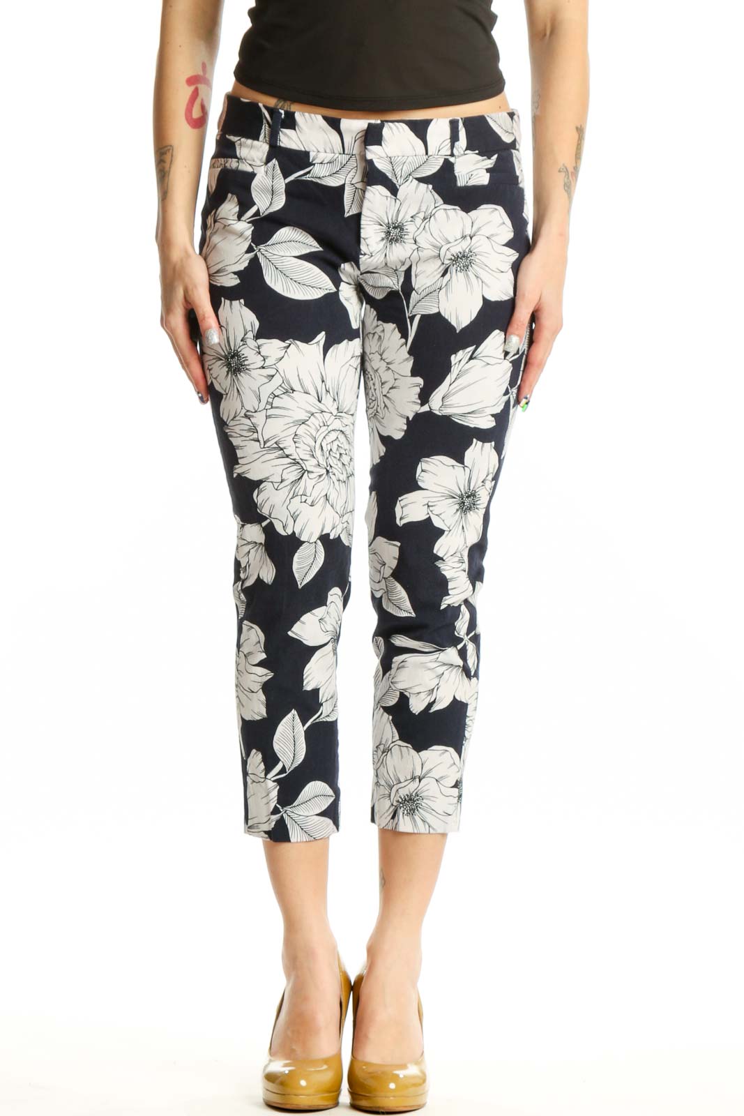 Navy Floral Cropped Capri Pants Front