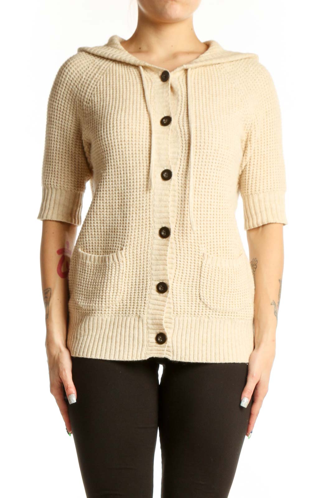 Cream Cashmere Cotton Hooded Cardigan Front