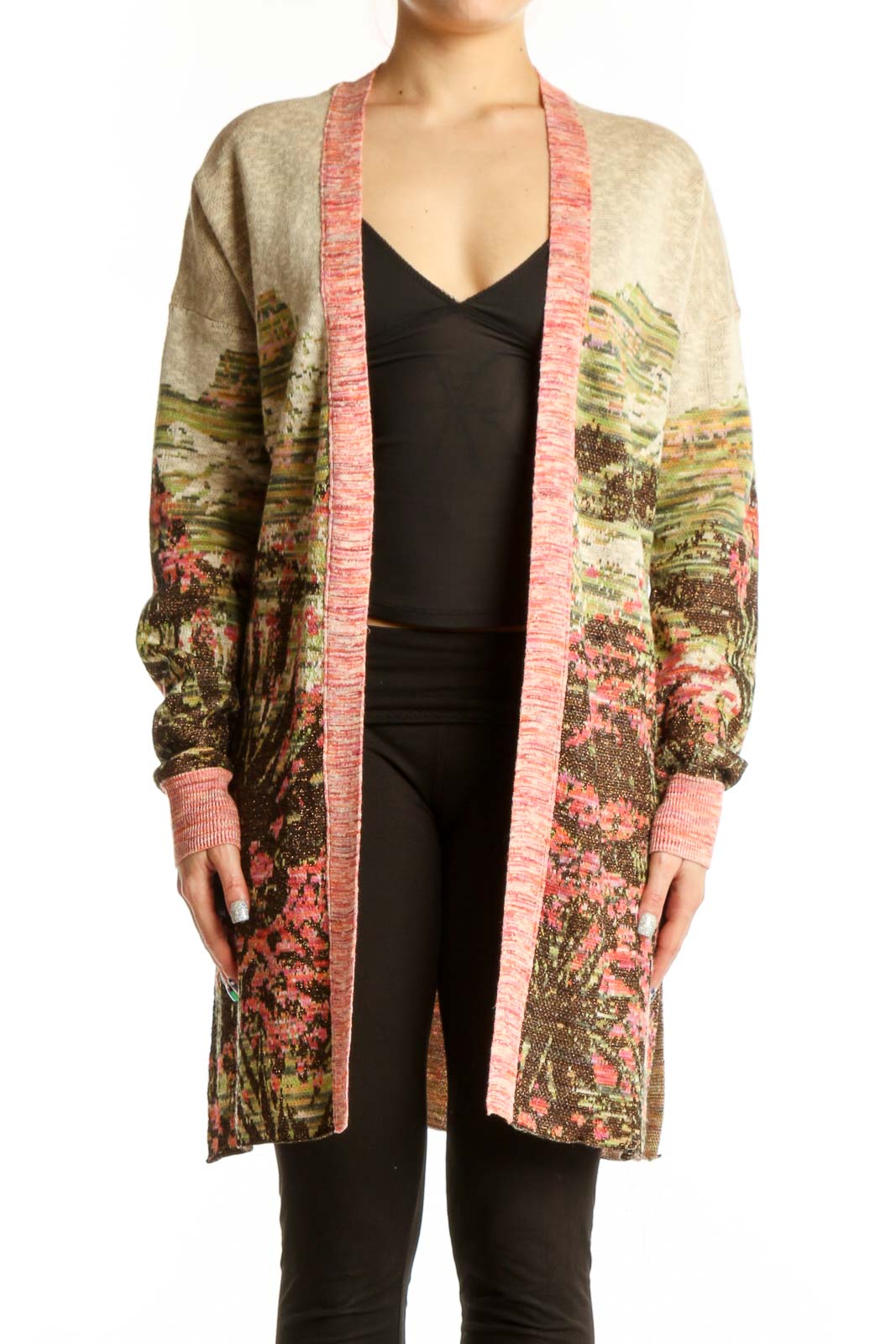 Multicolor Floral Cardigan with Metallic Accents Front