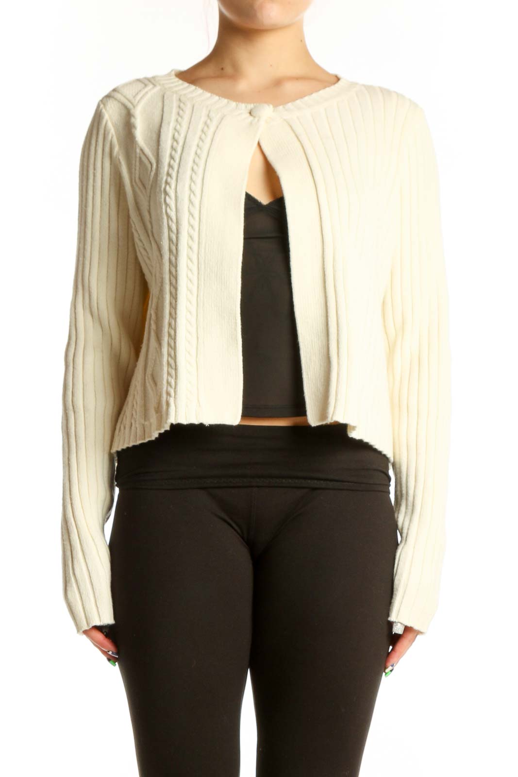 Cream Ribbed Knit Cropped Cardigan Front