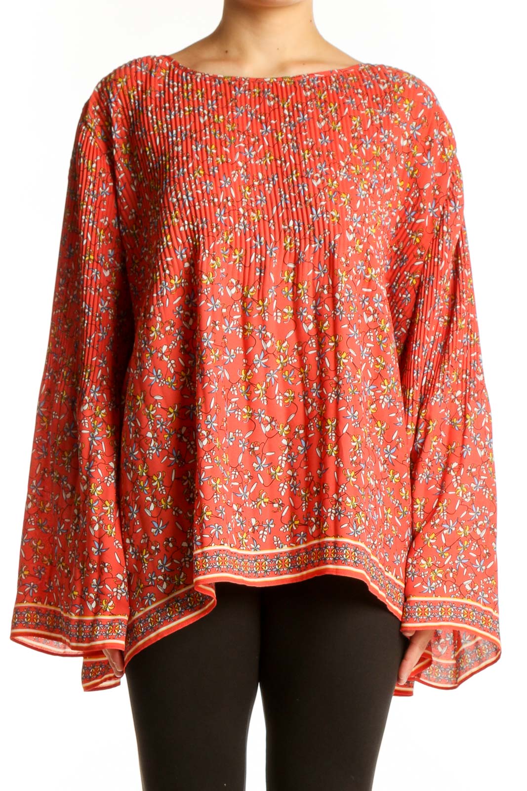 Red Floral Pleated Cape Top Front