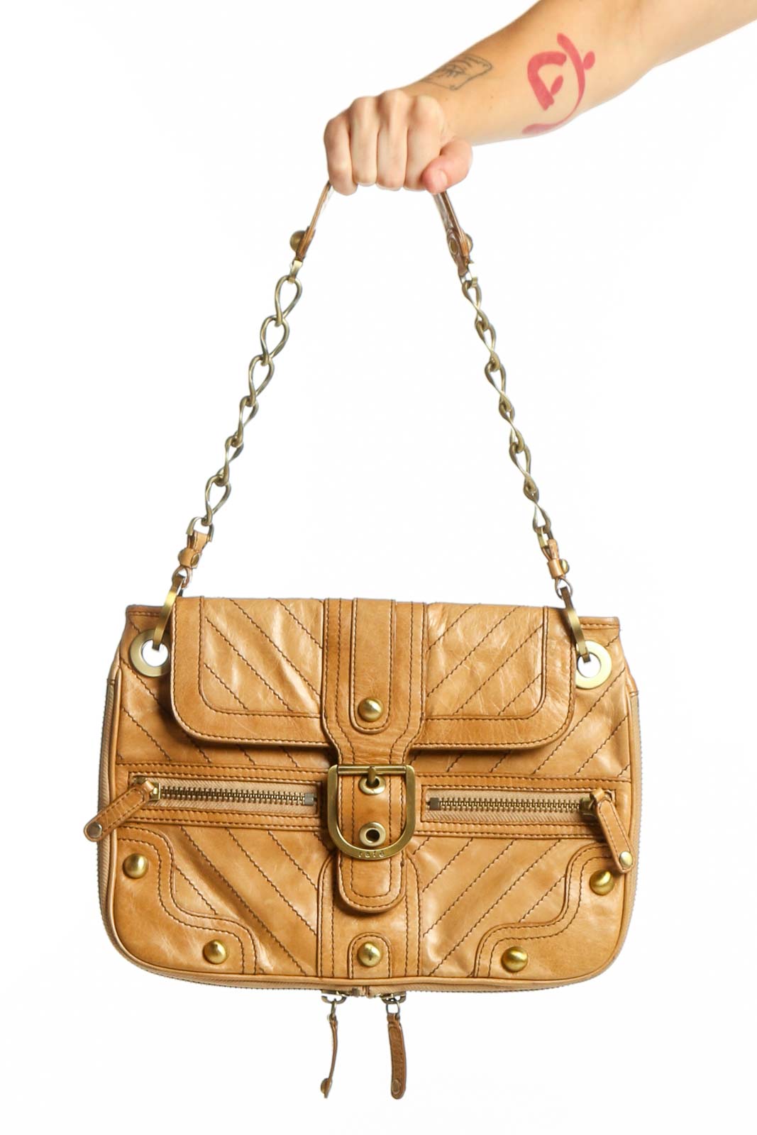 Tan Quilted Leather Shoulder Bag Front