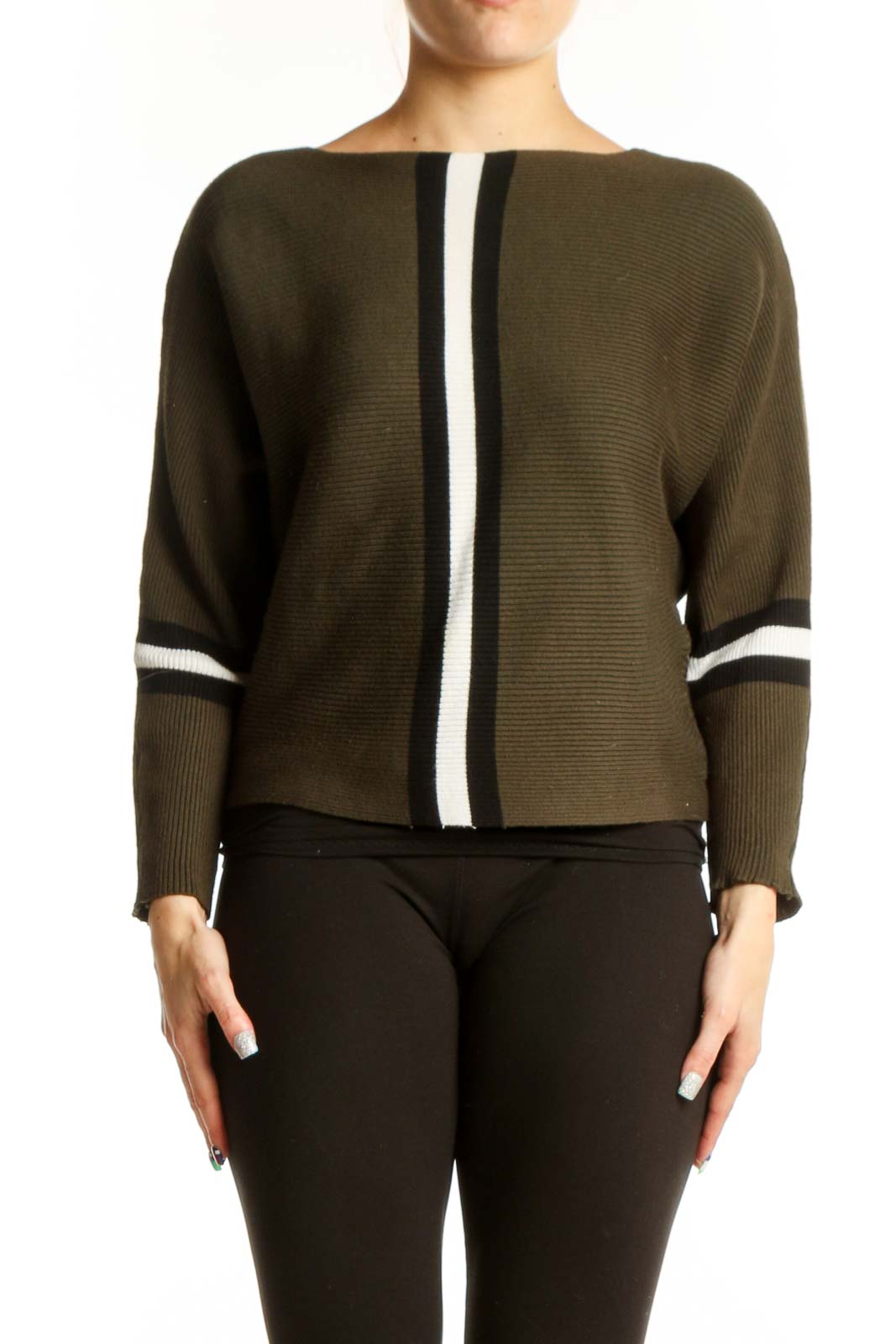 Olive Green Striped Knit Sweater Front