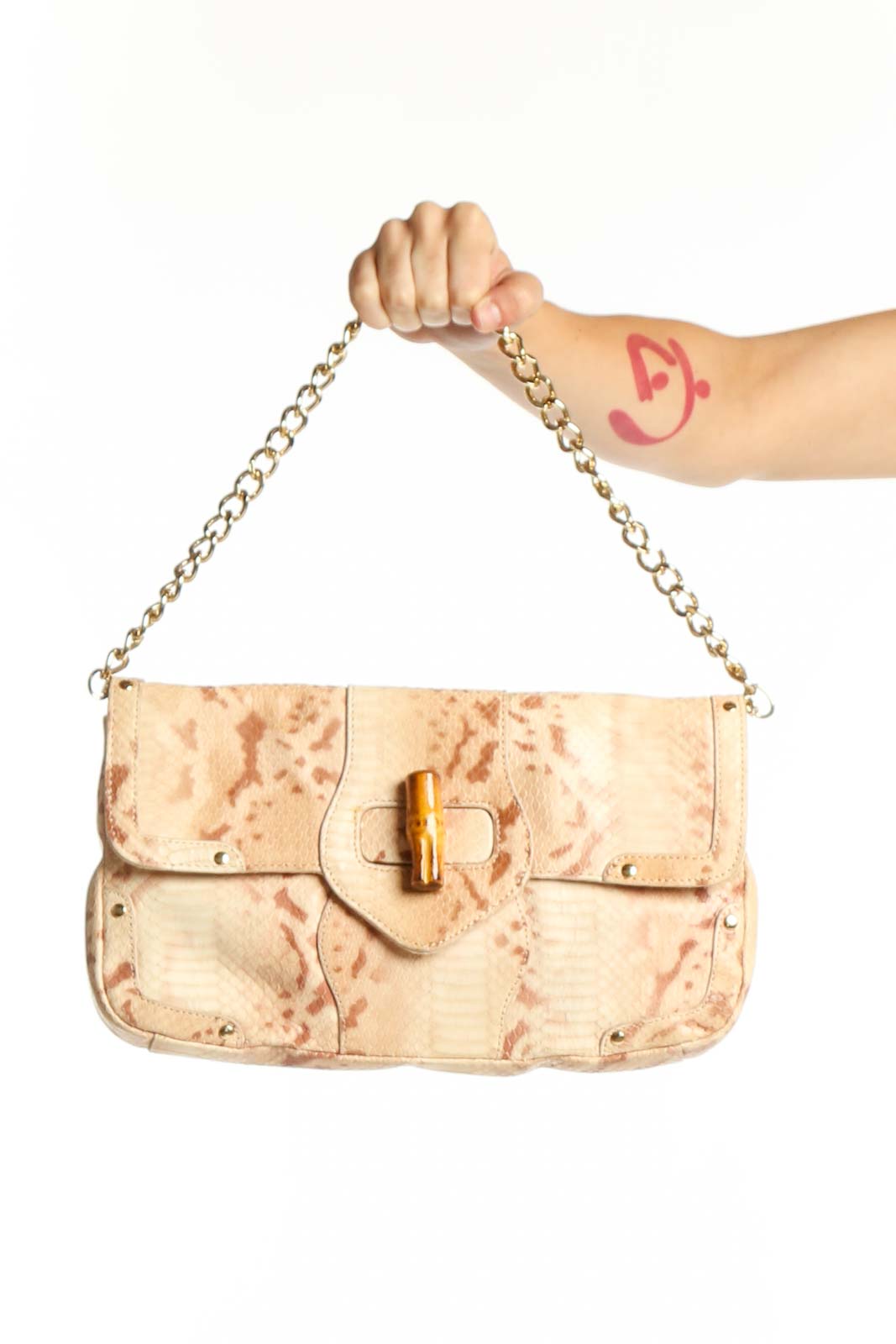 Cream Snake Skin Chain Shoulder Bag Front