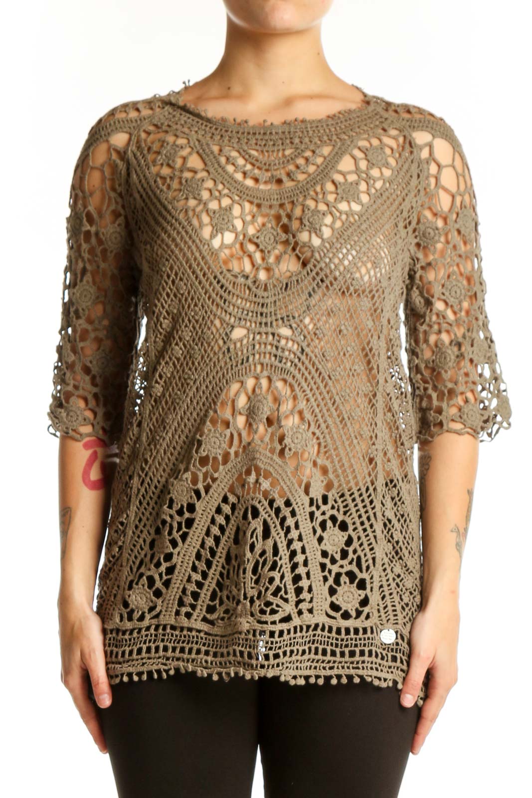 Beige Crochet Lace Knit Top Front